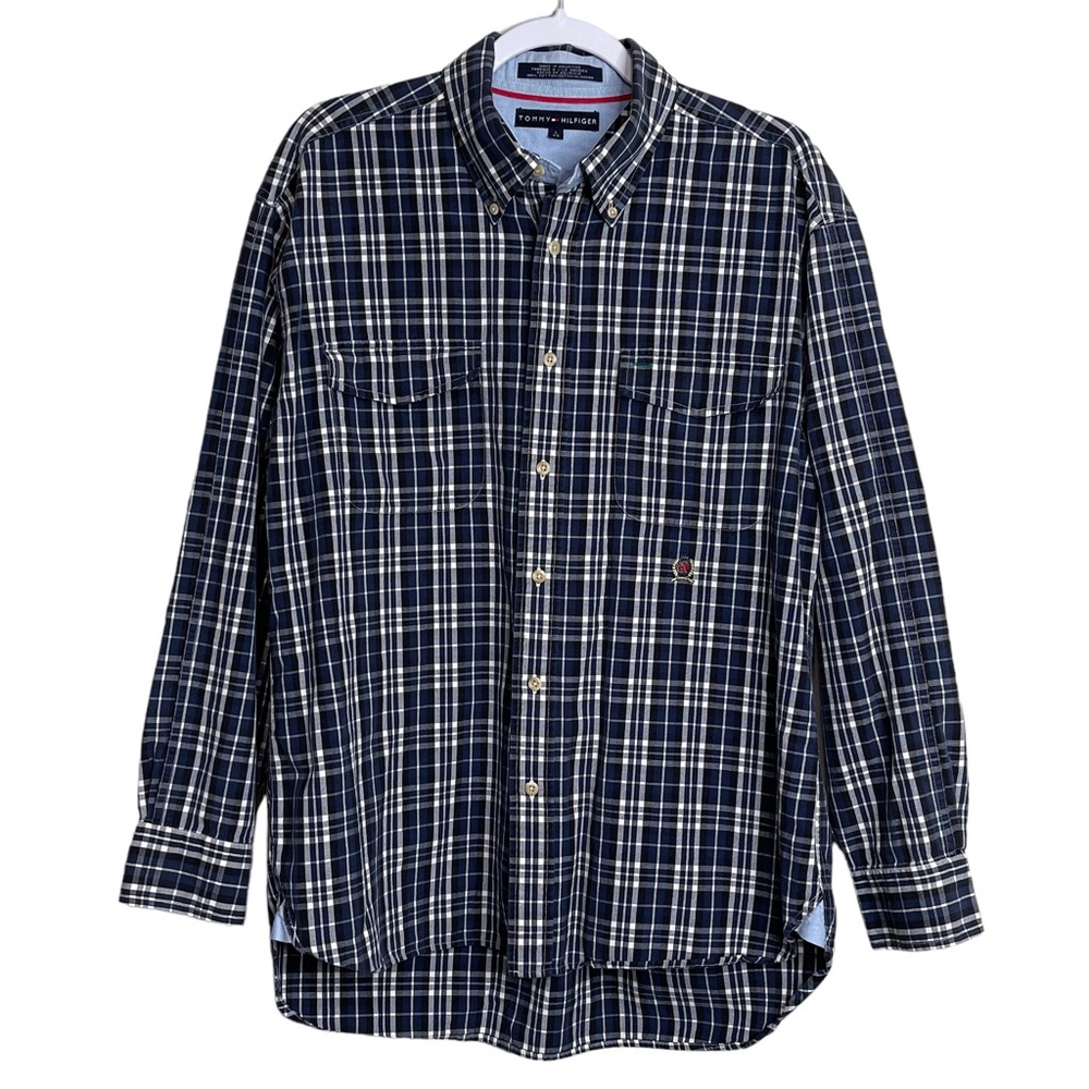 Tommy Hilfiger Crest Logo Button Down Shirt Preppy Flip Cuffs Old Money Men L